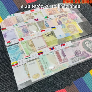 Tiền giấy 20 nước 20 tờ của 20 quốc gia sưu tầm lưu niệm phong thủy XAD kèm lá cờ từng nước