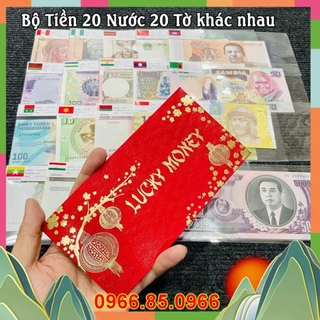 Tiền giấy 20 nước 20 tờ của 20 quốc gia sưu tầm lưu niệm phong thủy XC241 kèm lá cờ từng nước