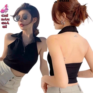 Áo kiểu yếm cổ bẻ croptop nữ đẹp ôm body hở lưng