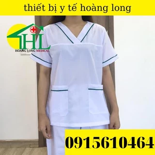 Quần Áo Blu Nữ Dược sỹ, Đồng Phục Quầy Thuốc,  Nhà Thuốc, Bộ Blouse Cổ Tim Màu Trắng Viền Xanh Lá, Xanh Dương