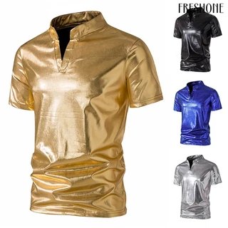 [fo] Stand collar v-neck short sleeve summer t-shirt nam shiny bright color clubwear top streetwear