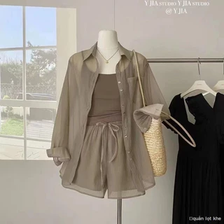 Plus Size Nữ Mùa Hè Nữ 2023 Mới Mỏng Chống Nắng Áo Cardigan Tay Dài Yếm Quần Short Bộ Ba Món