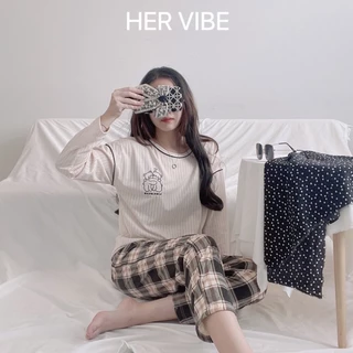 Pijama nữ dài tay thu đông mềm mại, Đồ bộ nữ mặc nhà dễ thương mềm mại nhiều màu Her Vibe