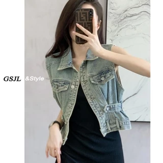 Áo khoác denim ngắn phụ nữ mùa hè phong cách mới 2023 vest không tay vest phụ nữ mùa hè bên ngoài áo nhỏ