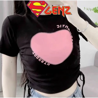 Áo croptop tim hồng Romantic chữ viền ngắn tay phối dây rút hông cá tính SUPERGENZ