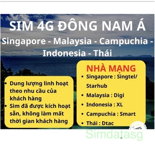 SIM DU LỊCH MALAYSIA - SINGAPORE - INDONESIA - CAMPUCHIA - THÁI LAN 3 - 5 NGÀY KHÔNG GIỚI HẠN TỐC ĐỘ 4G 2GB/1Ngày