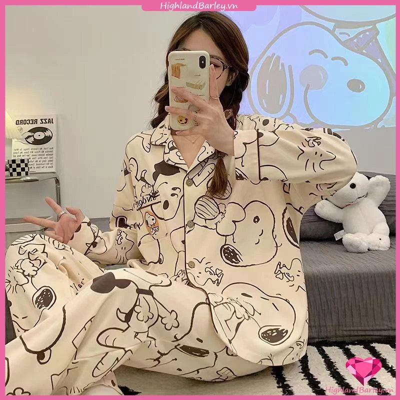 Bộ Đồ Ngủ Tay Dài Chất Liệu Cotton In Hình Snoopy Thời Trang Xuân Thu Cho Nữ