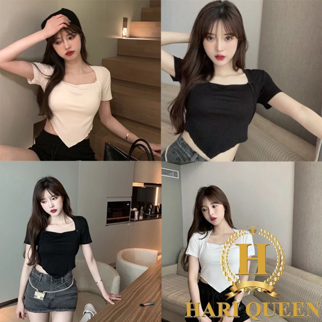 Áo Croptop Cổ Vuông Vạt Chéo Ngắn Tay Cá Tính HARIQUEEN