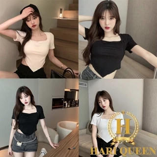 Áo Croptop Cổ Vuông Vạt Chéo Ngắn Tay Cá Tính HARIQUEEN