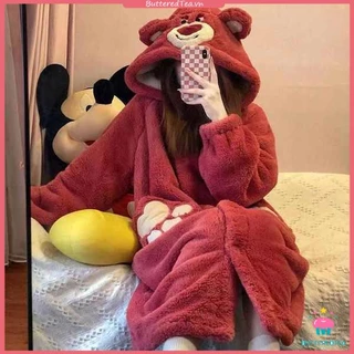 Đồ ngủ nữ lót lông cừu dày dặn váy ngủ gấu dâu tây loungewear