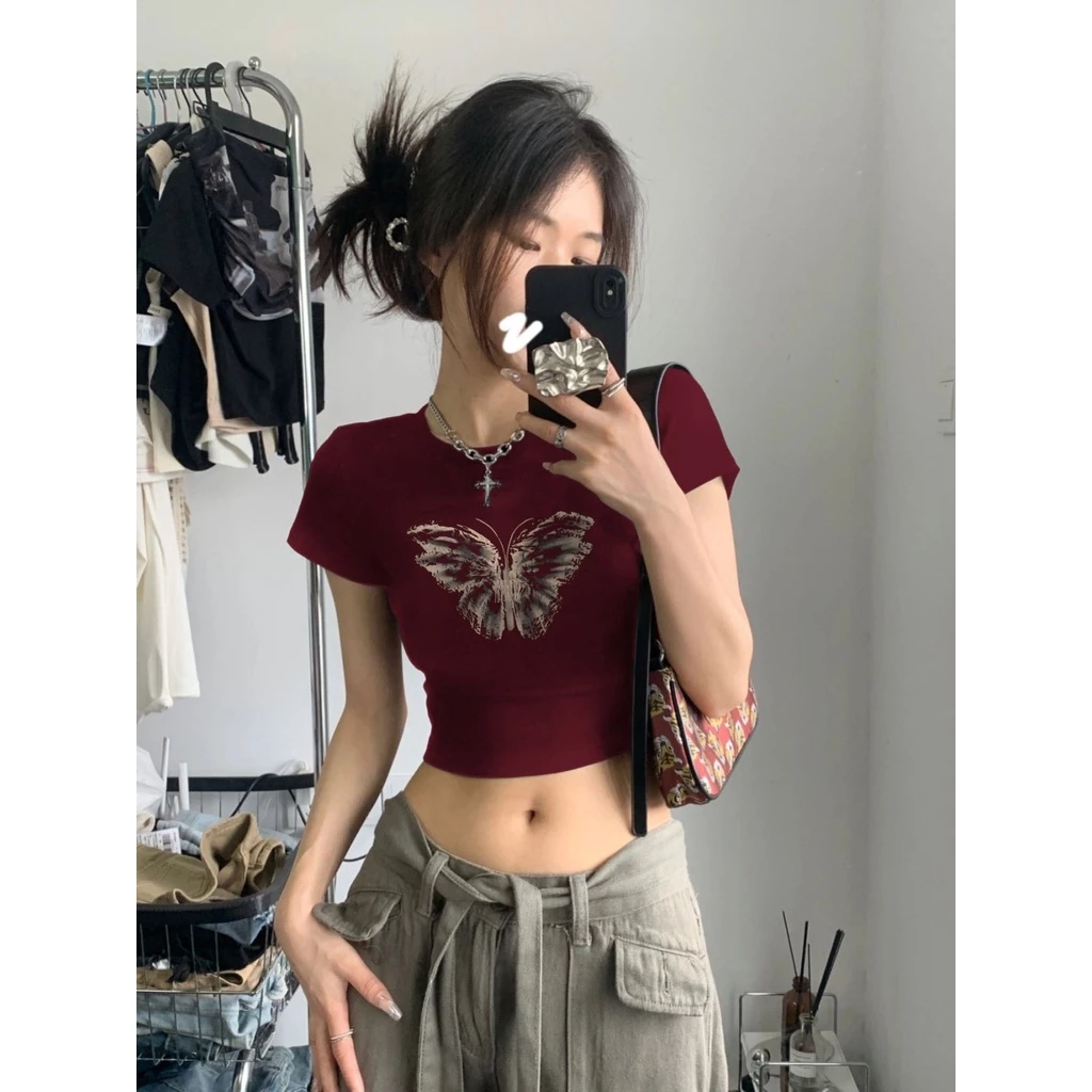 Áo thun nữ ngắn tay croptop bông cổ điển hiển thị trắng đỏ ngắn áo thun mùa hè sexy babes chic top