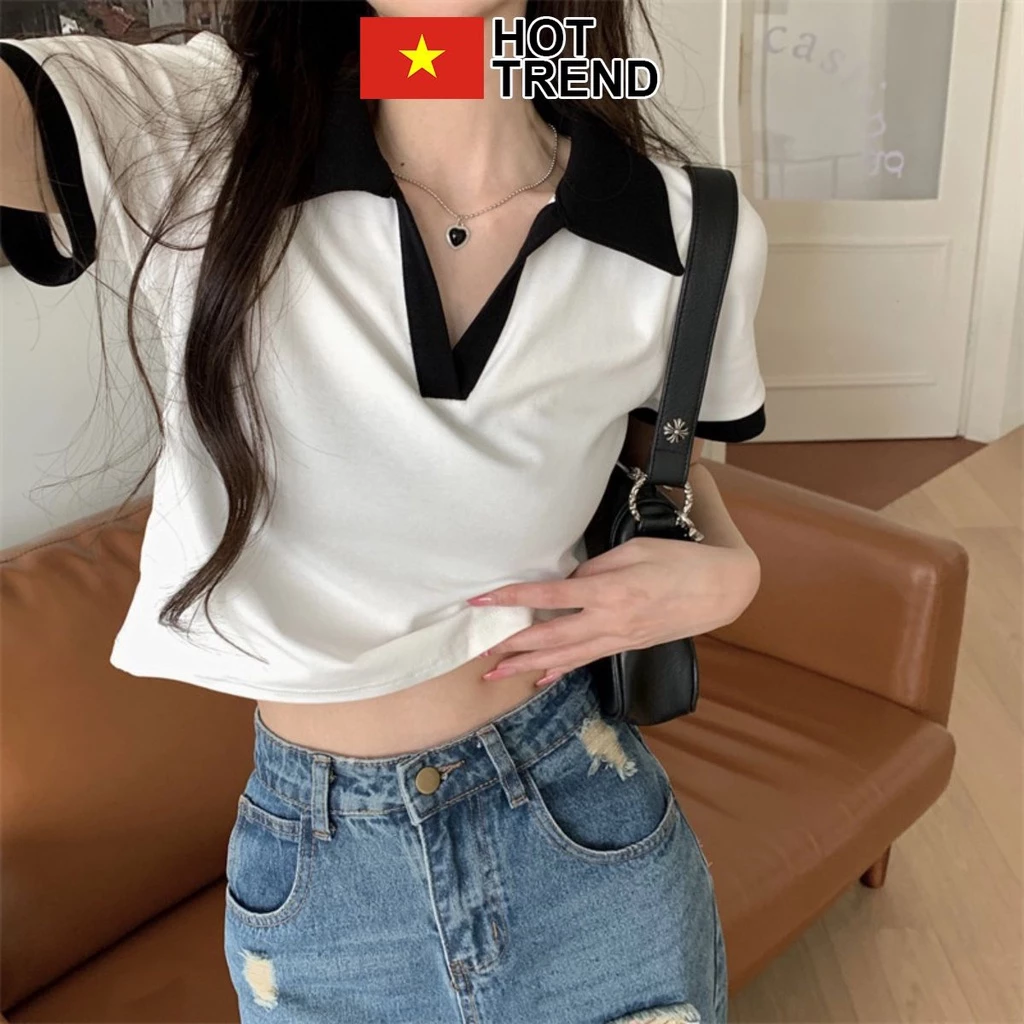 Áo croptop polo trơn cổ chữ V lé viền HOTTREND