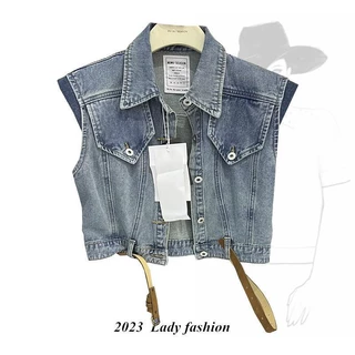 Yixq design feel washed short denim vest vest 2023 áo khoác nữ vest mùa hè áo ghi lê