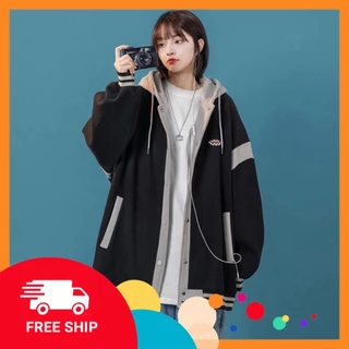 Áo hoodie nữ - khoác nỉ Bomber Unisex phối viền, có mũ 2 lớp, có Cúc bấm phong cách Hàn Quốc A01