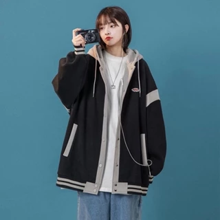 Áo Hoodie nữ zip unisex, khoác bomber, cúc bấm 3 màu hình thêu phối màu phong cách Hàn Quốc, thêu quả cầu  A01