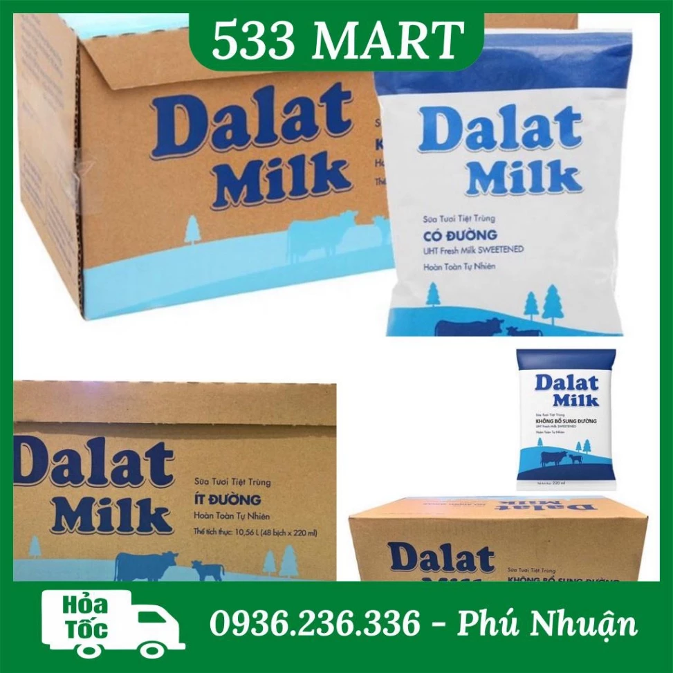 [HỎA TỐC HCM] Thùng 48 bịch Sữa tươi tiệt trùng DALAT MILK bịch 220ml