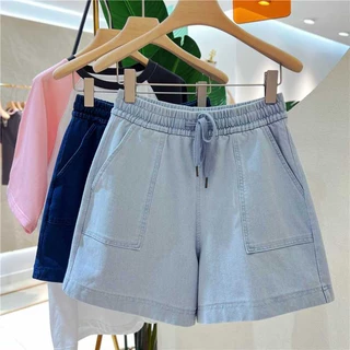 Jiashucheng Quần Short denim cotton Mỏng Dáng Rộng Phối Dây Rút Thời Trang Mùa Hè Cho Nữ