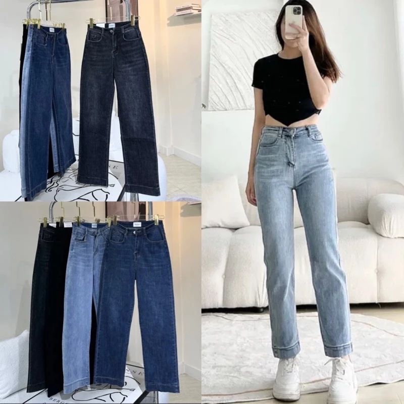 Quần jeans ống đứng lưng cao co giãn bản gấu to đủ 4 màu phong cách trẻ trung