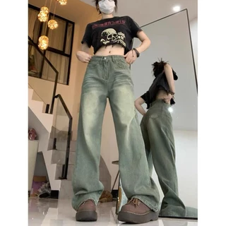 Quần Bò Nữ Ống Rộng , Quần Jeans Nữ Ống Rộng Màu Xanh Rêu Siêu HOT DC29