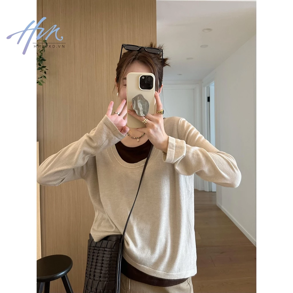 Áo sweater Giả Hai Lớp Màu Sắc Tương Phản Thời Trang Mùa Thu Cho Nữ