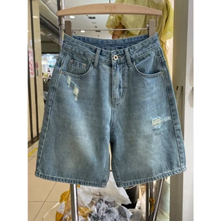 Jiashucheng Quần Short Jean Lưng Cao Ống Rộng Rách Gối Phong Cách retro Thời Trang Mùa Hè Hàng Mới Dành Cho Bạn Nữ