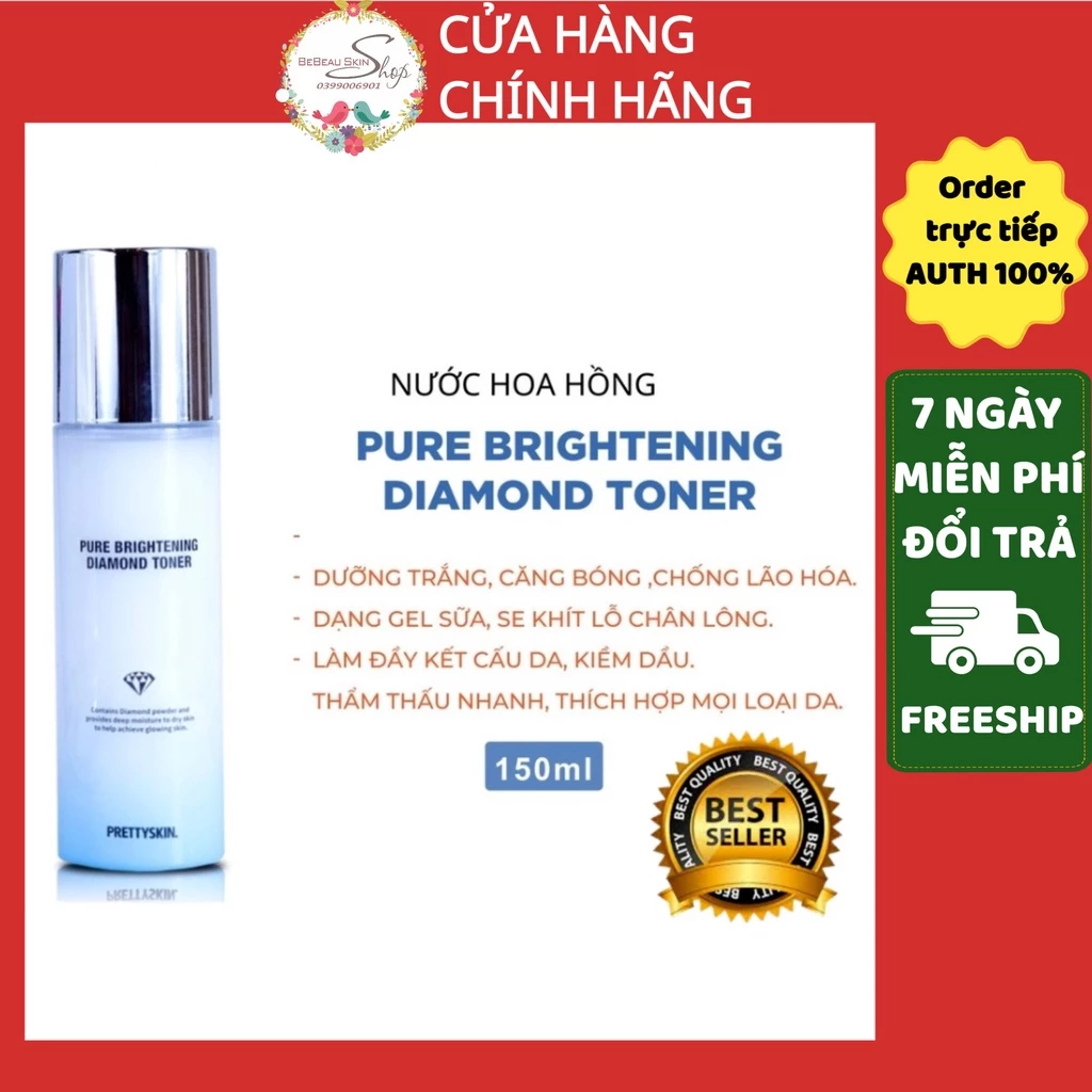 Nước Hoa Hồng Kim Cương PRETTY SKIN Pure Brightening Diamond Toner, Se Khít Lỗ Chân Lông, Chống Lão Hóa 150ml