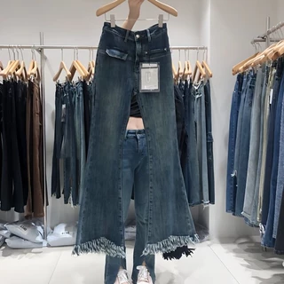 Jiashucheng Quần denim Lưng Cao Dáng Ôm Phối Tua Rua Thời Trang Xuân Thu Phong Cách Cổ Điển Cho Nữ