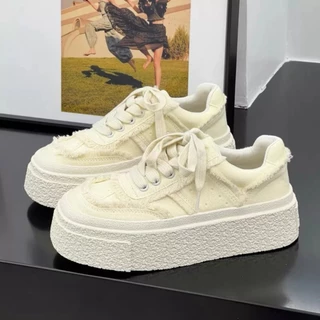 Giày Nữ Thể Thao Canvas Vải Tua Rua, Giày Sneaker Đế Độn Kiểu Dáng Thể Thao