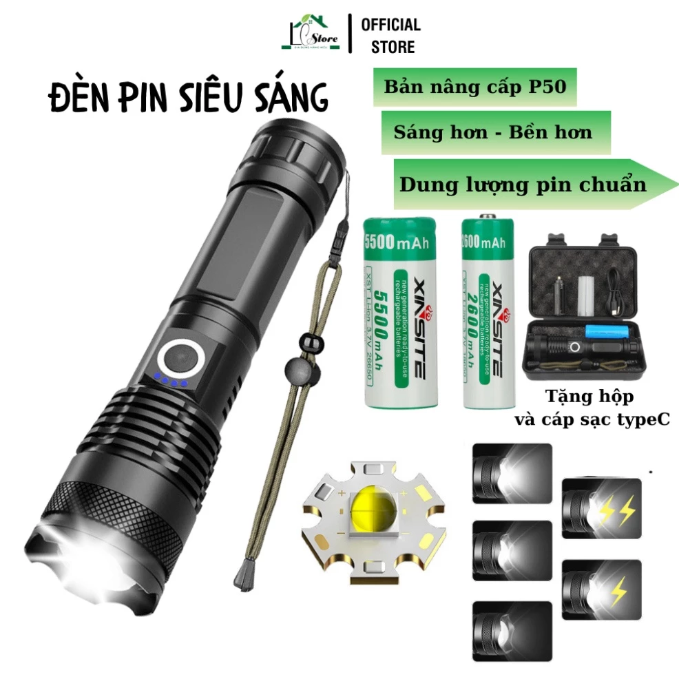 Đèn pin siêu sáng cầm tay bản cao cấp pin 26650 pin trâu, đèn led chiếu xa chống nước bảo hành 6 tháng