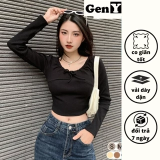 Áo croptop tay dài cổ u bo viền tôn ngực GenY, Áo kiểu nữ ôm body chất vải thun gân dày dặn ADT24