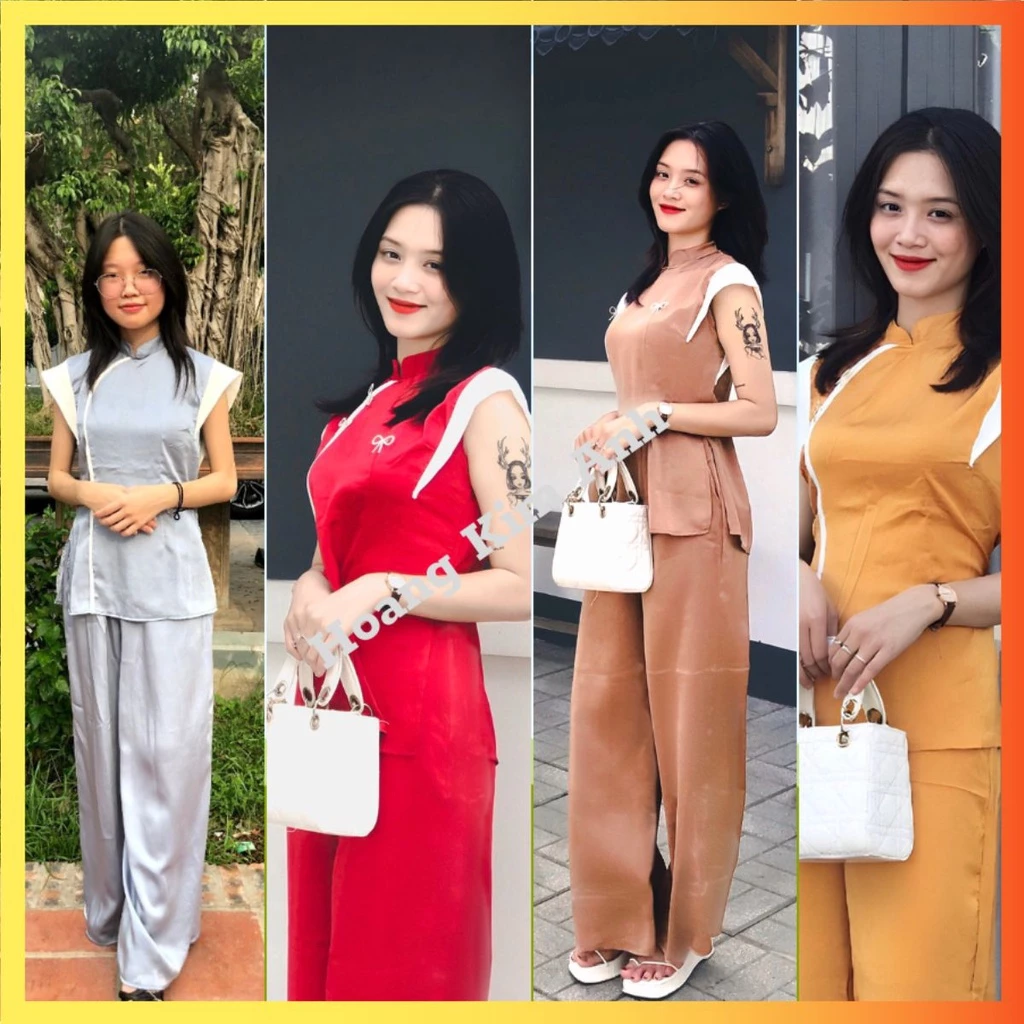 Áo bà ba lụa trơn đi lễ chùa thiết kế truyền thống cách tân đồ lam tay cộc áo dài trơn phi bóng, áo dài lụa thêu hoa