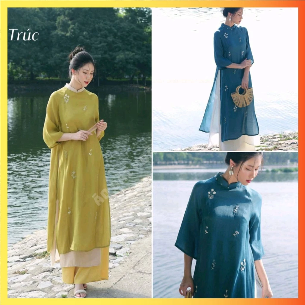 Áo dài cách tân dáng suông trơn 4 tà tay lỡ thêu hoa nhí cổ đính ngọc may sẵn trẻ trung xinh đẹp áo dài trơn phi bóng,