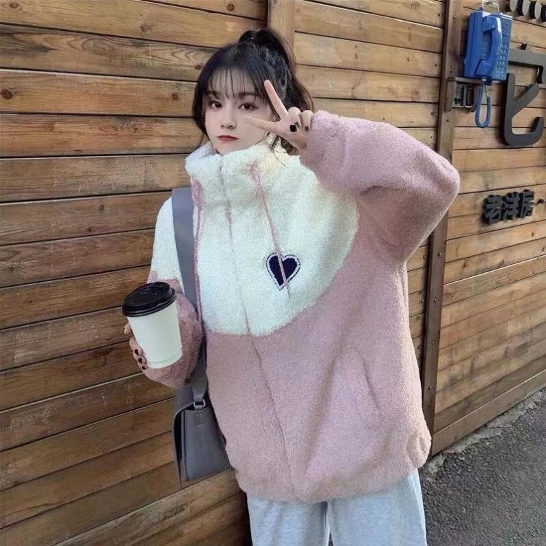 Áo khoác Lông cừu ,Áo khoác hoodie Vải lông cừu giữ ấm Thoải Logo hình trái tim -NANASHOP