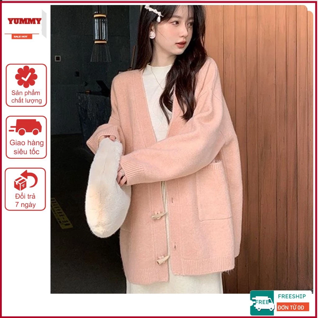 Áo Cardigan Form Rộng Yummy Có Khuy Cách Điệu, Áo Khoác Cardigan Màu HồngPhong Cách Ngọt Ngào