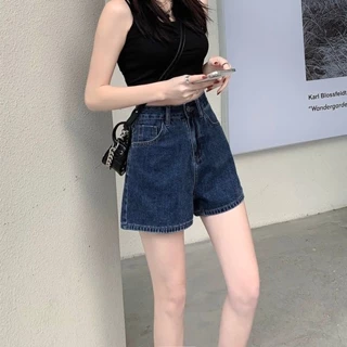 Quần short JSC denim xanh đậm lưng cao dáng chữ a ống rộng phong cách đường phố mùa hè cho nữ