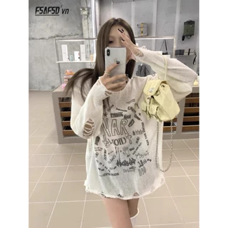 Áo sweater Tay Dài In Họa Tiết Kiểu Rách Phong Cách Nhật Bản Thời Trang Mùa Thu Cho Nữ