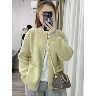 Áo Khoác cardigan Dệt Kim Cổ Tròn Màu Trơn Có Khóa Kéo Đôi Thời Trang Mùa Thu Hàn Quốc Hàng Mới 2023 Dành Cho Bạn Nữ