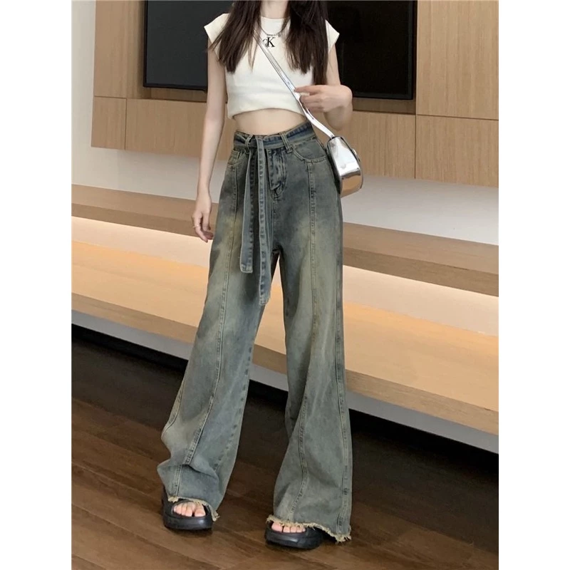 Quần jeans nữ Herpun ống rộng tôn eo 2 dây tôn dáng, Quần bò xám đen phong cách retro châu á