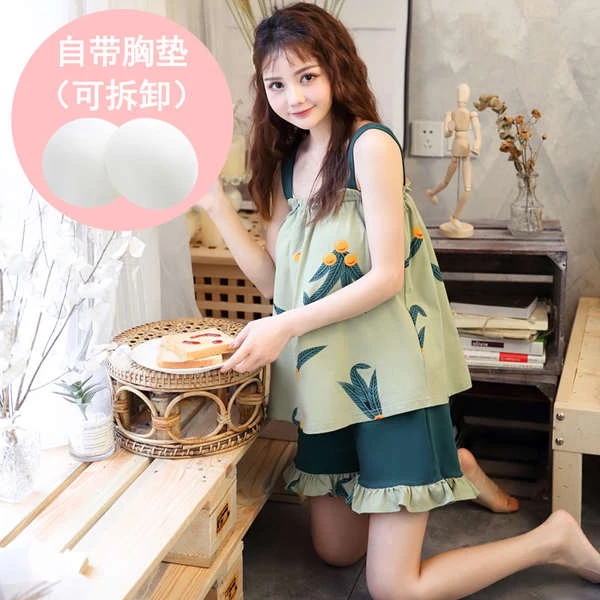 ⭐ đồ ngủ ⭐ đồ ngủ cute 2 dây Hàng Có Sẵn ♫Nanjiren Bộ Đồ Ngủ Áo Hai Dây cotton Mỏng Mùa Hè Có Mút Đệm Ngực Kèm Quần Ngắn Có Thể Mặc Ngoài Trời Cho Nữ❃