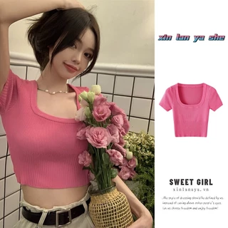 Áo Croptop Dệt Kim Cổ Vuông Gợi Cảm Phong Cách Hàn Quốc Cho Nữ