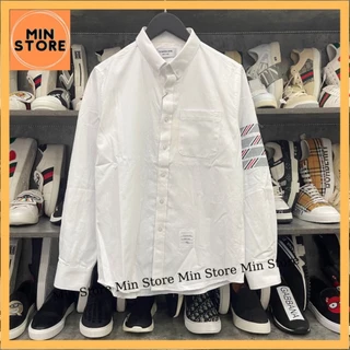 Áo Sơ Mi Trắng Nam Dài Tay Thom Browne Thêu 4 Sọc Xám Thổ Cẩm Ống Tay Logo Bụng Vải Thô Hàng Cao Cấp Cho Các Boy Phố