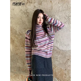 Áo sweater Cổ Lọ Họa Tiết Kẻ Sọc Màu Sắc Cầu Vồng Thời Trang Thu Đông Xinh Xắn Cho Nữ