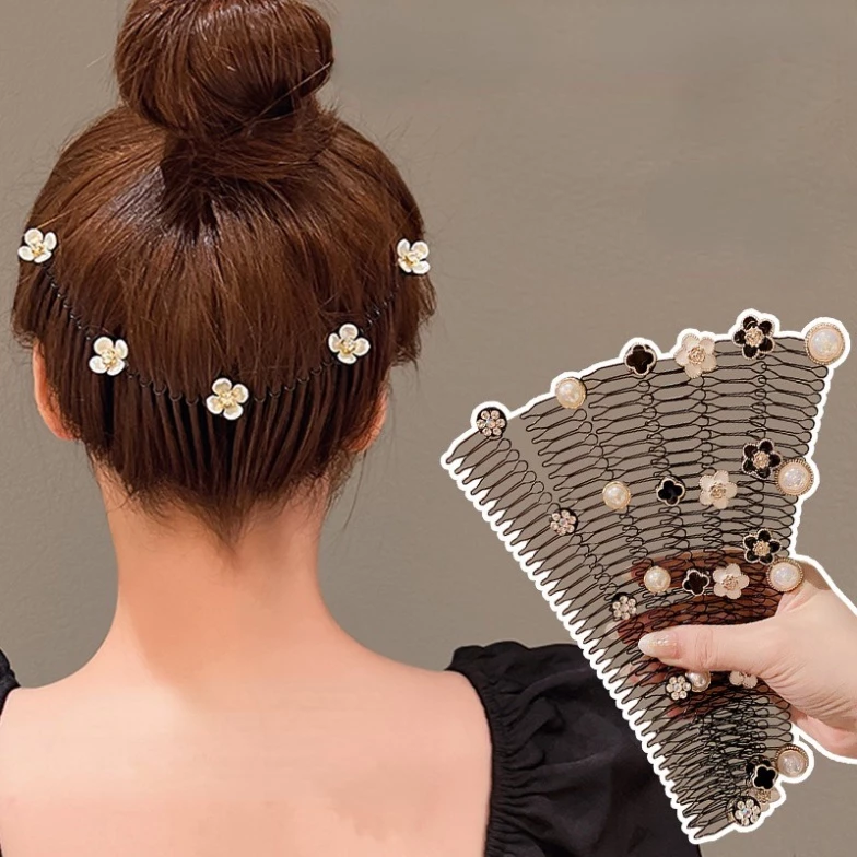 Xược Cài Tóc Hoa Trà Đính Đá Ngọc Trai🍀FREESHIP🍀Cài Tóc Gãy Cho Nữ - Lược cài tóc dạng kéo đính hình dễ thương