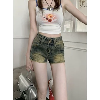 Jiashucheng Quần Short denim Lưng Cao Dáng Ôm Phong Cách retro Mỹ Mùa Hè Dành Cho Nữ