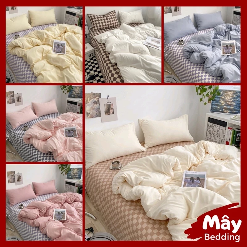 Bộ chăn ga gối Cotton Tici phối ga giường caro MÂY BEDDING - Bo chun theo yêu cầu - Đủ kích thước nệm