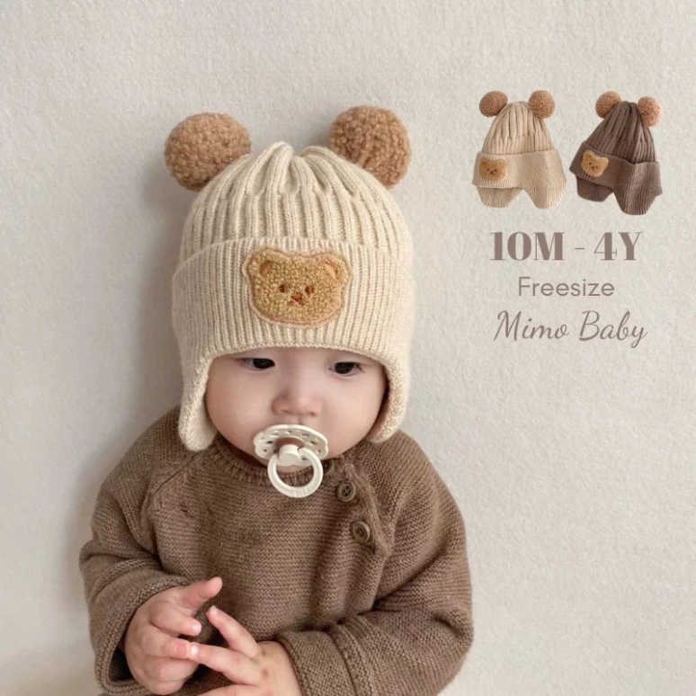 Mũ nón len bịt tai Gâu Mimo🍀FREESHIP🍀Nón dệt kim mùa đông cho bé đính hình gấu tai bông