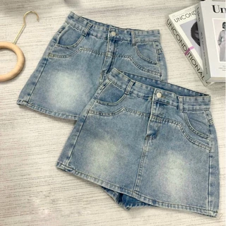 [SJ7133]Quần short jeans giả váy túi hai viền form rộng(Có sẵn)