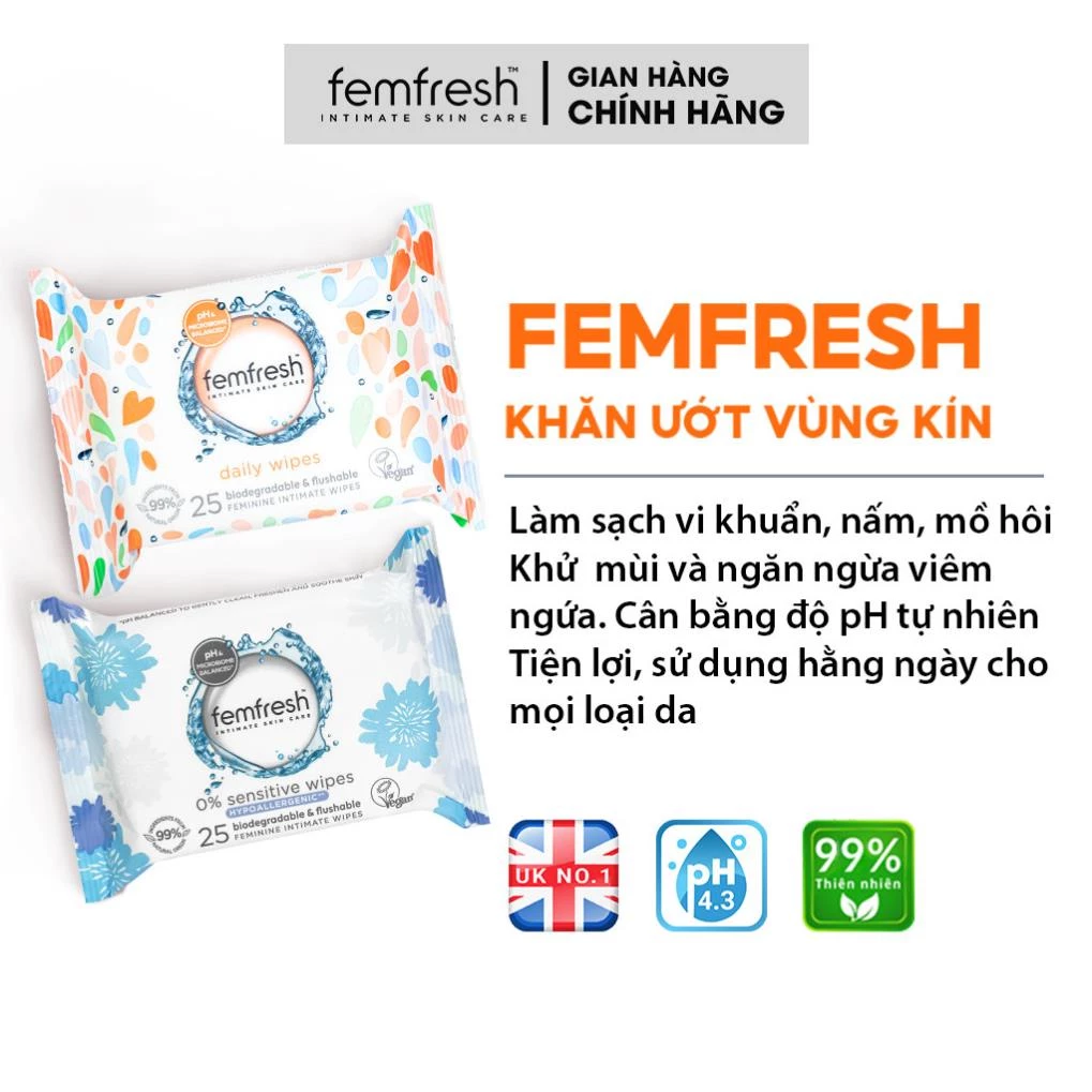 Khăn giấy ướt vệ sinh vùng kín phụ nữ cao cấp Femfresh Anh Quốc - 25 tờ/gói