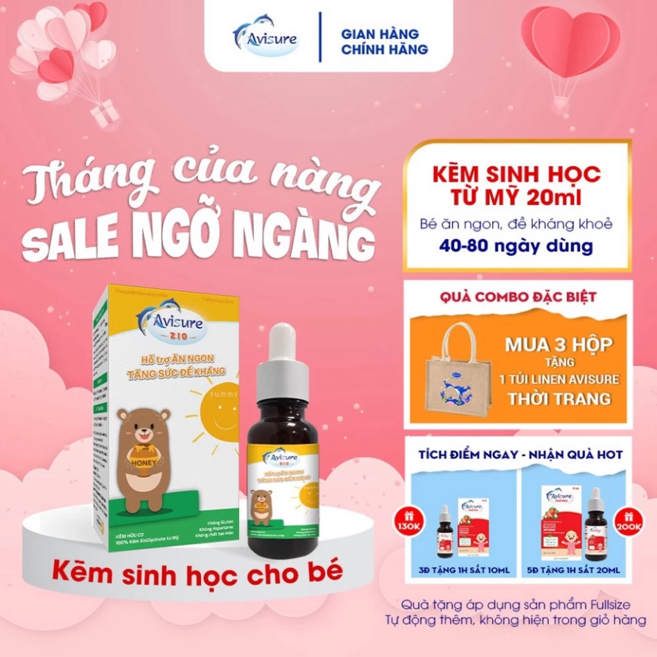 Kẽm cho bé Avisure ZiO kẽm sinh học cho bé biếng ăn, chậm tăng cân 20ml - Chính Hãng