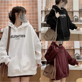 Áo Khoác Hoodie Nỉ Bông IMVELY Thêu Chữ DELIGHTIES 4 màu Nam nữ unisex/Áo hoodie có NÚT BẤM mũ form rộng